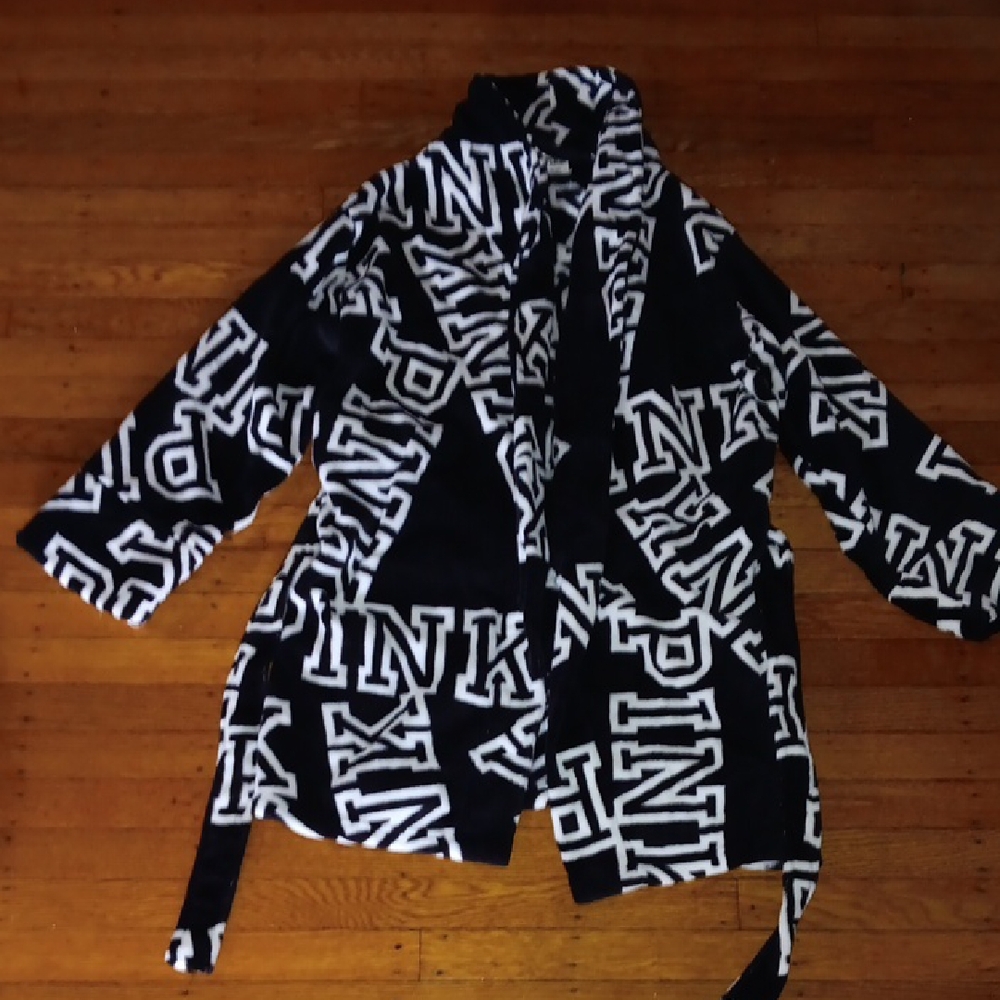 PINK Victoria's Secret Black & White Logo Tie-Front Teddy Bath Robe